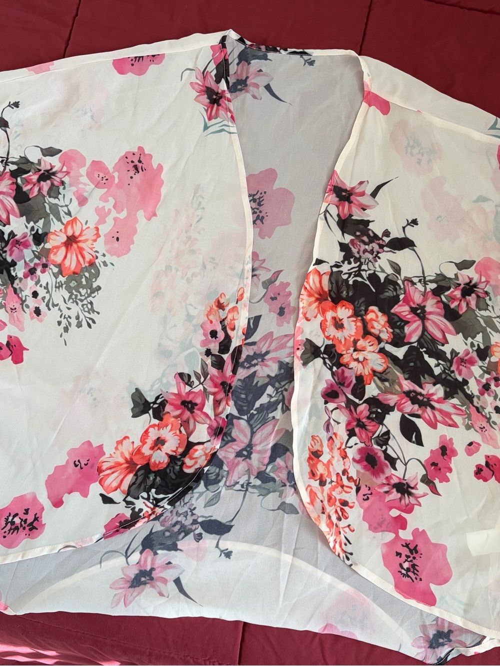 Floral Sheer Chiffon Kimono Cover-Up - White & Pink
